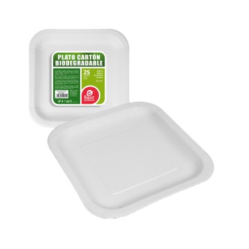 Pack con 25 unid. platos cuadrados blancos cartón 20x20cm best products green