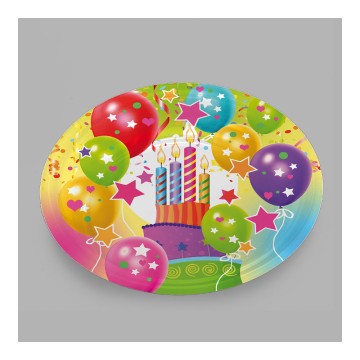 Bolsa con 4 platos diseño globos y velas 23cm carton