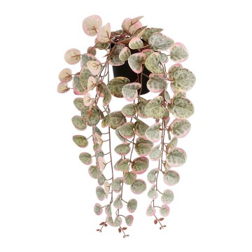 Planta artificial colgante ceropegia woodii "collar de corazones" rosa con maceta.