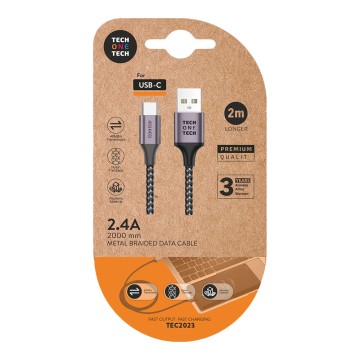 Cable nylon gris 2m c/usb-a a usb-c. 2,4a. tech one tech