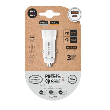 Cargador mechero blanco pd 38w con usb-c + usb-a. tech one tech