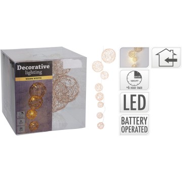 Guirnalda 8 bolas yute varios diametros con led, blanco calido, 8 leds, 90cm. koopman