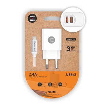 Cargador doble blanco+cable nylon micro usb 2,4a