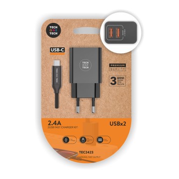 Cargador doble negro+cable nylon usb-c 2,4a