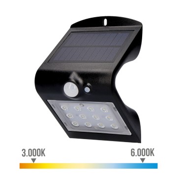 Aplique solar 1,5w 220lm recargable. sensor de presencia (2-6m) color negro 9,5x7,3x13cm edm